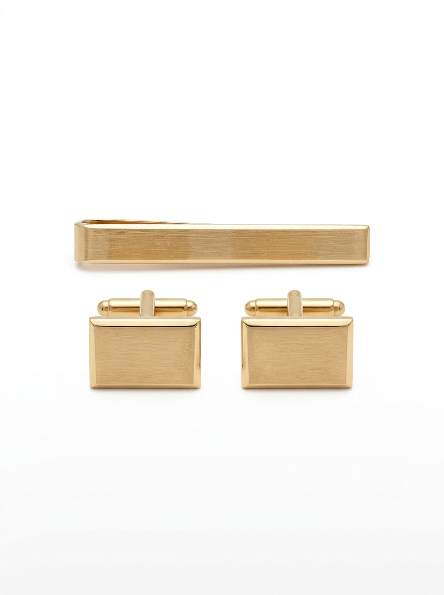 Brushed Gold Tie Clip & Cufflink Set